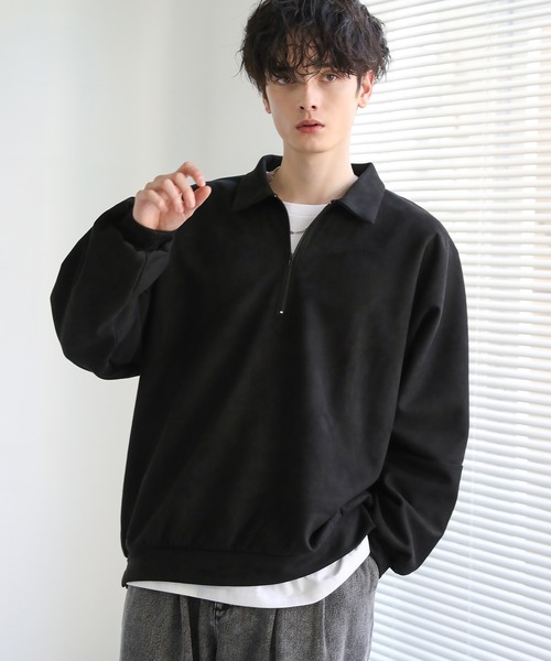 セール】ドルマン襟配色ハーフジップポンチ/フェイクスウェードプル