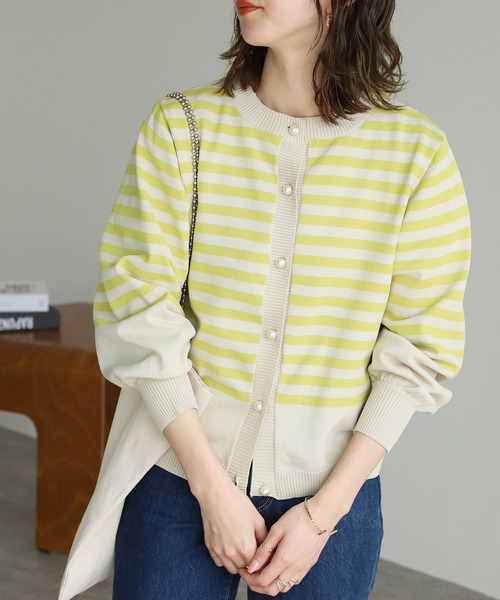 reca（レカ）の「パールボタンボーダーニットカーディガン（カーディガン/ボレロ・レディース・ブラック/インディゴブルー/ライム・FREE）」の3枚目の写真