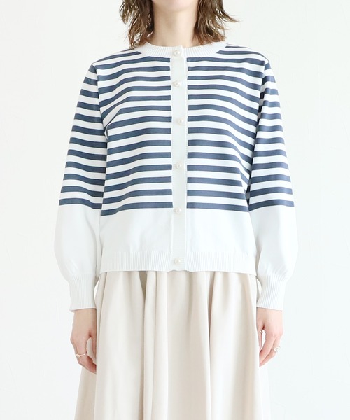 reca（レカ）の「パールボタンボーダーニットカーディガン（カーディガン/ボレロ・レディース・ブラック/インディゴブルー/ライム・FREE）」の6枚目の写真