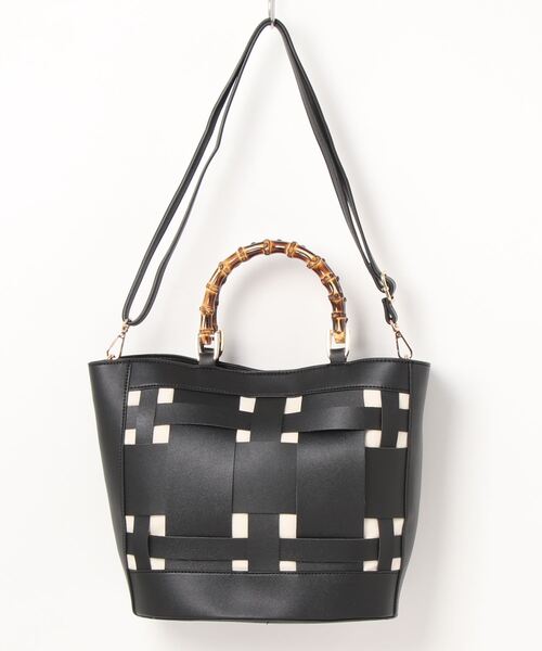 COOCO（クーコ）の「バンブーハンドルｘフェイクレザーメッシュトートバッグ（トートバッグ・レディース・ブラック/イエロー×グリーン/キャメル・9）」の9枚目の写真