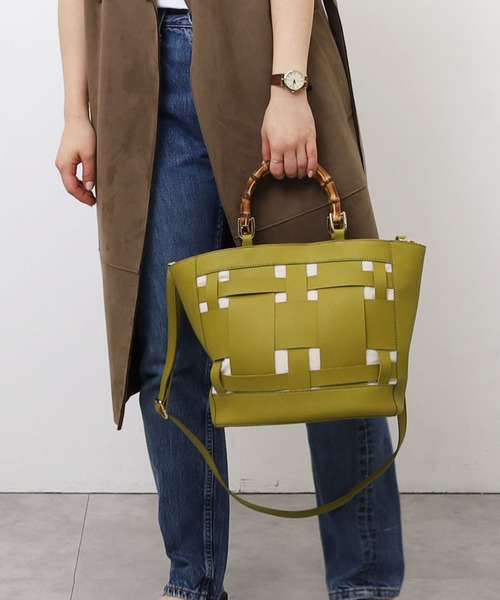 COOCO（クーコ）の「バンブーハンドルｘフェイクレザーメッシュトートバッグ（トートバッグ・レディース・ブラック/イエロー×グリーン/キャメル・9）」の14枚目の写真