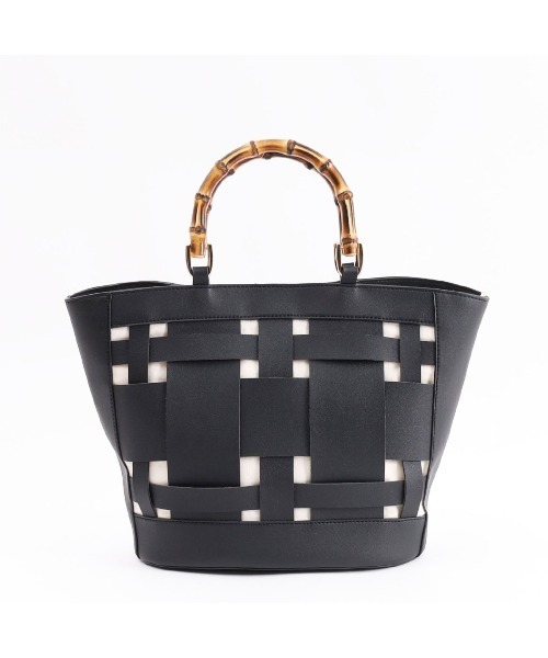 COOCO（クーコ）の「バンブーハンドルｘフェイクレザーメッシュトートバッグ（トートバッグ・レディース・ブラック/イエロー×グリーン/キャメル・9）」の10枚目の写真