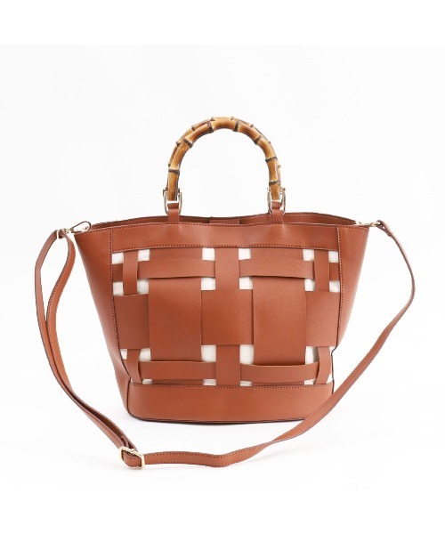 COOCO（クーコ）の「バンブーハンドルｘフェイクレザーメッシュトートバッグ（トートバッグ・レディース・ブラック/イエロー×グリーン/キャメル・9）」の13枚目の写真
