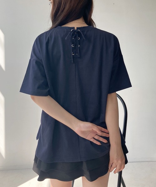 AS KNOW AS plus(アズノゥアズプラス)の「○後レースアップ ロゴ刺繍アソートTシャツ(Tシャツ/カットソー・レディース・ピンク/オフホワイト/サックスブルー/スミクロ/サックスブルー系/ホワイト系/グレー系1/サックスブルー系1/ピンク系1/ホワイト系1/ネイビー系2/ピンク系2/ホワイト系2/グレー系2・FREE)」の19枚目の写真