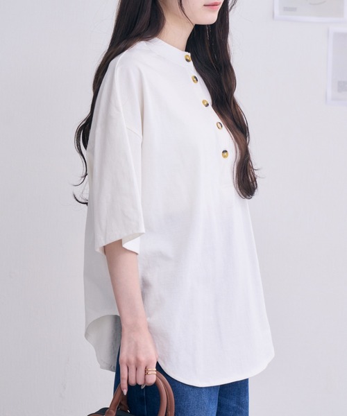 Eclat one(エクラワン)の「今なら490円!オーバーサイズ 2WAYヘンリーネックプルオーバー(Tシャツ/カットソー・レディース・ナチュラル/ブラック/オフホワイト/グレー・FREE)」の2枚目の写真