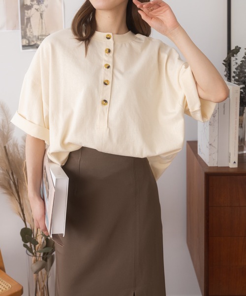 Eclat one(エクラワン)の「今なら490円!オーバーサイズ 2WAYヘンリーネックプルオーバー(Tシャツ/カットソー・レディース・ナチュラル/ブラック/オフホワイト/グレー・FREE)」の22枚目の写真