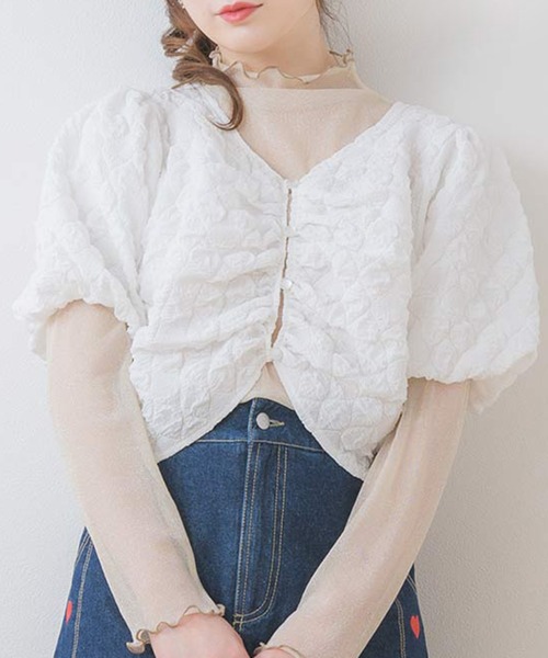 ems excite（エムズエキサイト）の「フロント釦パフ袖CT（Tシャツ/カットソー・レディース・ピンク/ナチュラル/オフホワイト・FREE）」の2枚目の写真