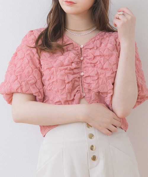 ems excite（エムズエキサイト）の「フロント釦パフ袖CT（Tシャツ/カットソー・レディース・ピンク/ナチュラル/オフホワイト・FREE）」の3枚目の写真