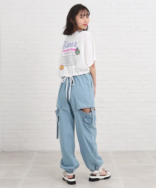 PINK-latte（ピンクラテ）の「◆【前後2WAY】裾ドロストワッペンTシャツ（Tシャツ/カットソー・キッズ・チャコールグレー/カーキ系/オフホワイト・14/15 /16）」の7枚目の写真