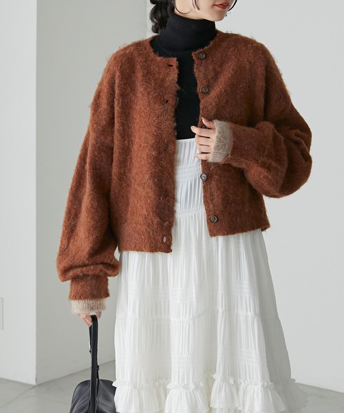 forksy.（フォルクシー）の「【forksy.】2wayミックス起毛レイヤード配色ショートニットカーディガン（カーディガン/ボレロ・レディース・オレンジ/グリーン/ブラック/アイボリー/グレイッシュブルー・FREE）」の5枚目の写真