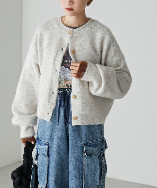 forksy.（フォルクシー）の「【forksy.】2wayミックス起毛レイヤード配色ショートニットカーディガン（カーディガン/ボレロ・レディース・オレンジ/グリーン/ブラック/アイボリー/グレイッシュブルー・FREE）」の14枚目の写真