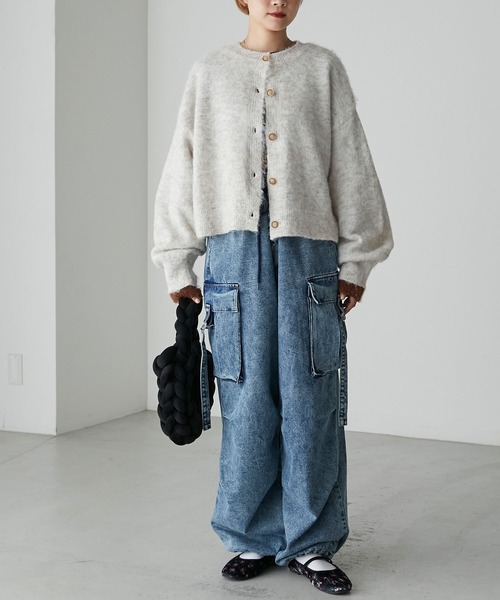 forksy.（フォルクシー）の「【forksy.】2wayミックス起毛レイヤード配色ショートニットカーディガン（カーディガン/ボレロ・レディース・オレンジ/グリーン/ブラック/アイボリー/グレイッシュブルー・FREE）」の15枚目の写真