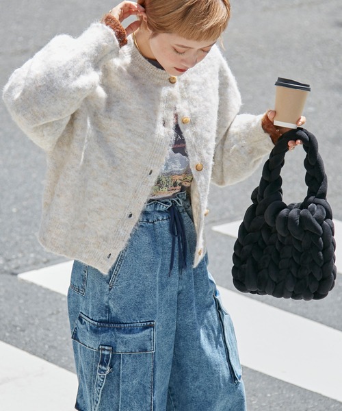 forksy.（フォルクシー）の「【forksy.】2wayミックス起毛レイヤード配色ショートニットカーディガン（カーディガン/ボレロ・レディース・オレンジ/グリーン/ブラック/アイボリー/グレイッシュブルー・FREE）」の19枚目の写真