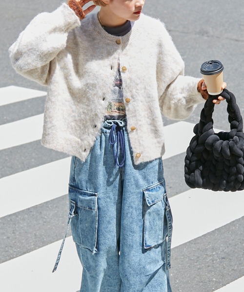 forksy.（フォルクシー）の「【forksy.】2wayミックス起毛レイヤード配色ショートニットカーディガン（カーディガン/ボレロ・レディース・オレンジ/グリーン/ブラック/アイボリー/グレイッシュブルー・FREE）」の21枚目の写真