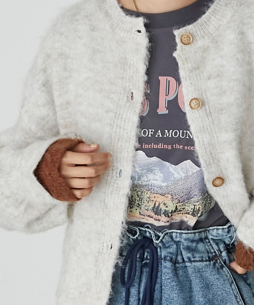 forksy.（フォルクシー）の「【forksy.】2wayミックス起毛レイヤード配色ショートニットカーディガン（カーディガン/ボレロ・レディース・オレンジ/グリーン/ブラック/アイボリー/グレイッシュブルー・FREE）」の11枚目の写真