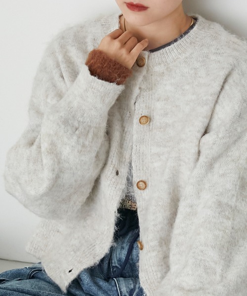 forksy.（フォルクシー）の「【forksy.】2wayミックス起毛レイヤード配色ショートニットカーディガン（カーディガン/ボレロ・レディース・オレンジ/グリーン/ブラック/アイボリー/グレイッシュブルー・FREE）」の9枚目の写真