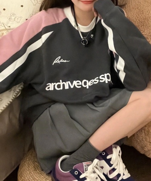 Vipoa（ヴィポア）の「SPORTYオーバーサイズ配色ラインスウェット（スウェット・レディース・ブルー/ピンク・FREE）」の6枚目の写真