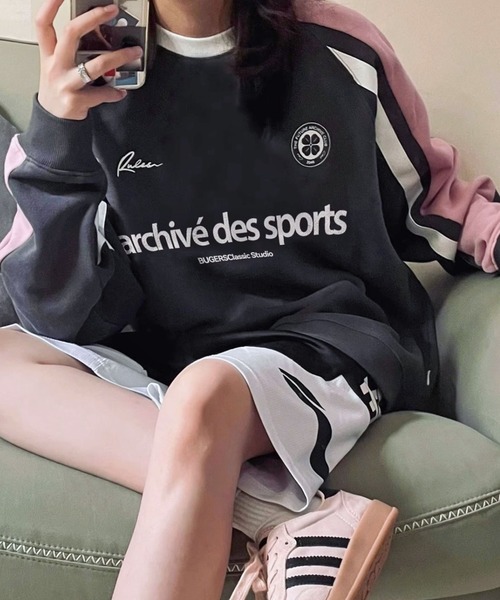 Vipoa（ヴィポア）の「SPORTYオーバーサイズ配色ラインスウェット（スウェット・レディース・ブルー/ピンク・FREE）」の5枚目の写真