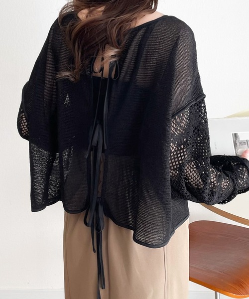 mily bilet(ミウィビレット)の「【mily bilet】360°上品に肌魅せ。レース切り替え 前後2WAYリボンカーデ(カーディガン/ボレロ・レディース・ブラック/グレイッシュベージュ/アイボリー・SMALL/LARGE/X-LARGE/MEDIUM)」の7枚目の写真