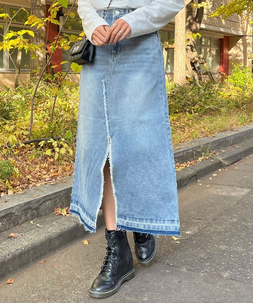 GLAMOROUS JANE（グラマラスジェーン）の「デニムフリンジヘムロングSK（デニムスカート・レディース・グレー/ブラック/ブルー・L/M）」の21枚目の写真