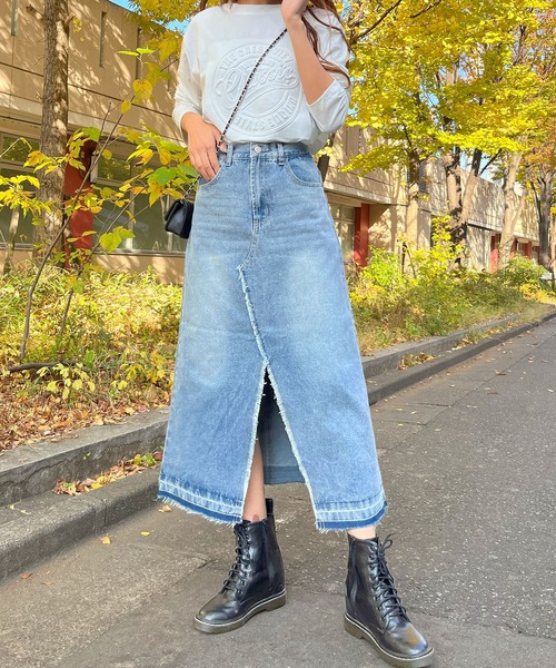 GLAMOROUS JANE（グラマラスジェーン）の「デニムフリンジヘムロングSK（デニムスカート・レディース・グレー/ブラック/ブルー・L/M）」の9枚目の写真