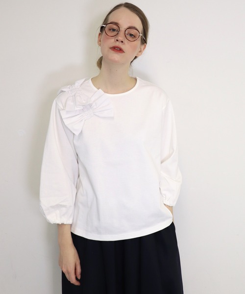 haupia（ハウピア）の「自由で遊ぶようなリボン２ 【 カットソー 】（Tシャツ/カットソー・レディース・アイボリー系/ブラック/ブラック系/ホワイト・MEDIUM）」の2枚目の写真