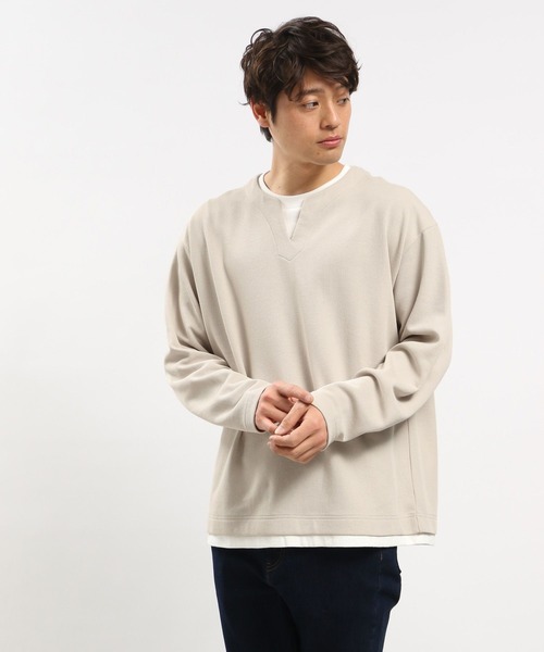 GLOBAL WORK Smile Seed Store（グローバルワーク スマイルシードストア）の「ダブルフェイスキーネックレイヤードTシャツ長袖/984172（Tシャツ/カットソー・メンズ・ネイビー/ブラック/グリーン系その他2/ベージュ・LARGE/SMALL/MEDIUM/X-LARGE）」の2枚目の写真