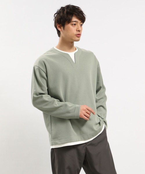 GLOBAL WORK Smile Seed Store（グローバルワーク スマイルシードストア）の「ダブルフェイスキーネックレイヤードTシャツ長袖/984172（Tシャツ/カットソー・メンズ・ネイビー/ブラック/グリーン系その他2/ベージュ・LARGE/SMALL/MEDIUM/X-LARGE）」の3枚目の写真