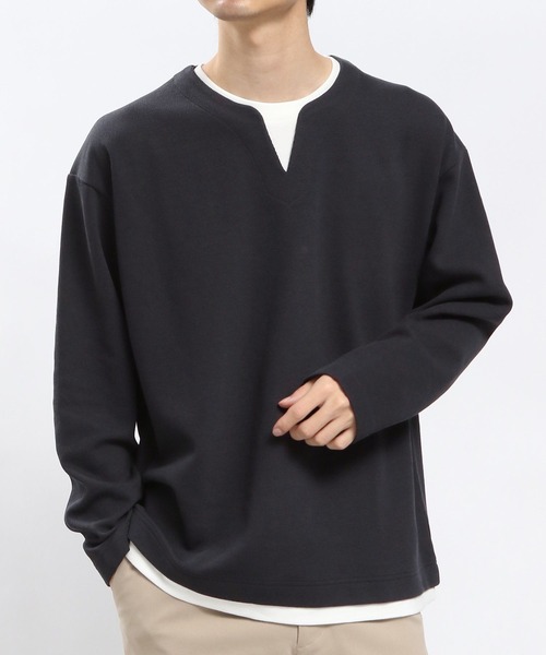 GLOBAL WORK Smile Seed Store（グローバルワーク スマイルシードストア）の「ダブルフェイスキーネックレイヤードTシャツ長袖/984172（Tシャツ/カットソー・メンズ・ネイビー/ブラック/グリーン系その他2/ベージュ・LARGE/SMALL/MEDIUM/X-LARGE）」の18枚目の写真