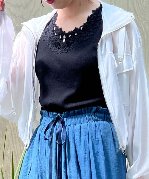 axes femme（アクシーズファム）の「吸水速乾フラワーレースタンク（タンクトップ・レディース・サックスブルー/ブラック/キナリ/イエロー/ピンク/グリーン/オレンジ/ミント・FREE）」の3枚目の写真