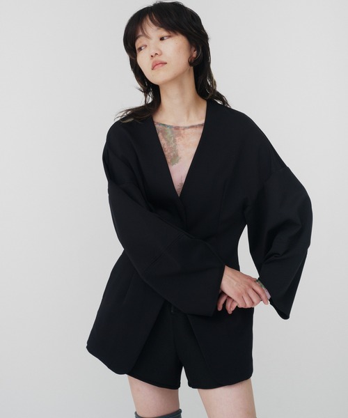 THINGS THAT MATTER(シングス ザット マター)の「SCUBA JERSEY COLLARLESS JACKET / スキューバジャージカラーレスジャケット(ノーカラージャケット・レディース・ブラック・FREE)」の5枚目の写真