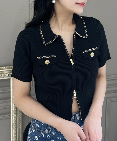  PARTY チェーントリミングダブルZIP長袖ニットトップス ロイヤルパーティー ROYAL PARTY チェーントリミングダブルZIP