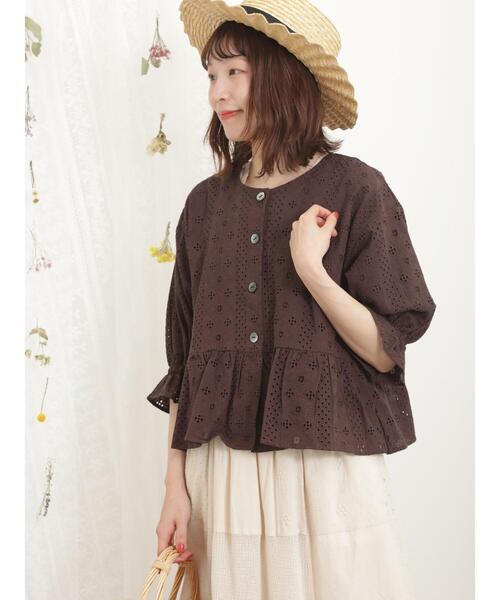 Samansa Mos2（サマンサ モスモス）の「オーバーレース裾フリルショートジャケット（ノーカラージャケット・レディース・キナリ/ブラウン/オフホワイト・F）」の14枚目の写真