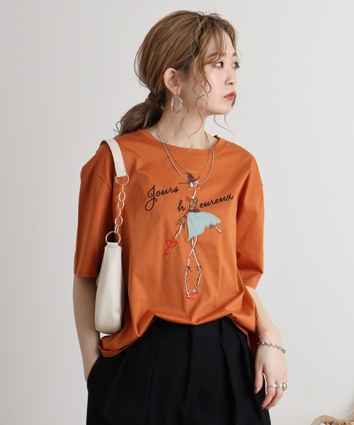 tシャツ BRODIAEA シルケットコットン加工　刺繍Tシャツ レディース tシャツ BRODIAEA シルケットコットン加工 刺繍Tシャツ