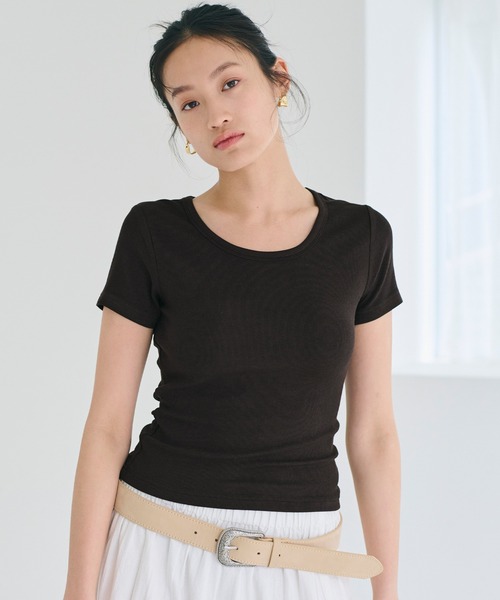 coca（coca）（コカ）の「＼新色登場！／とろみリブUネックTシャツ（Tシャツ/カットソー・レディース・ホワイト/ブラック/グレー/ライトベージュ/チャコール/ブラウン・M/L/S）」の12枚目の写真