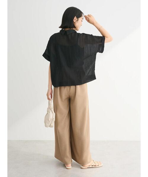 Green　Parks（グリーンパークス）の「シアーストライプショート丈シャツ（シャツ/ブラウス・レディース・ブラック/グリーン/オフホワイト/ピンク・FREE）」の6枚目の写真