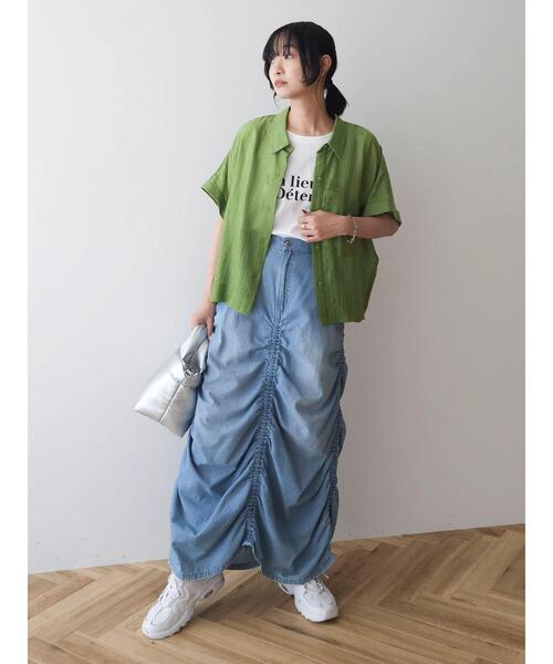 Green　Parks（グリーンパークス）の「シアーストライプショート丈シャツ（シャツ/ブラウス・レディース・ブラック/グリーン/オフホワイト/ピンク・FREE）」の14枚目の写真