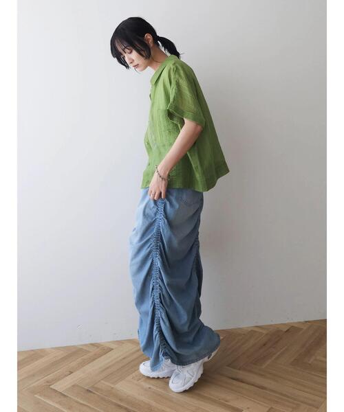 Green　Parks（グリーンパークス）の「シアーストライプショート丈シャツ（シャツ/ブラウス・レディース・ブラック/グリーン/オフホワイト/ピンク・FREE）」の13枚目の写真