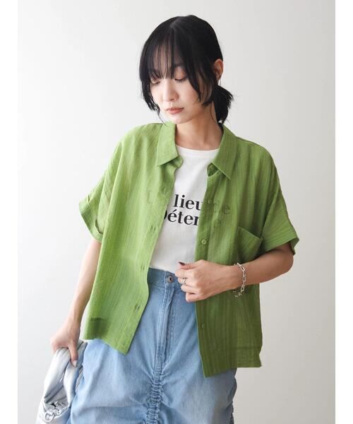 Green　Parks（グリーンパークス）の「シアーストライプショート丈シャツ（シャツ/ブラウス・レディース・ブラック/グリーン/オフホワイト/ピンク・FREE）」の12枚目の写真