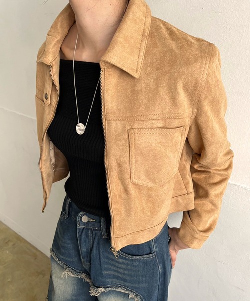 Jewelobe（ジュエローブ）の「スエードタッチショートライトブルゾン（ブルゾン・レディース・ピンク/アイボリー/ブラウン/ベージュ・FREE）」の3枚目の写真