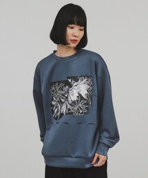 ANNNTIAN ボタニカル柄トレーナー ONE SIZE スウェット（ブルー・ネイビー/青色系・花柄・ボタニカル柄