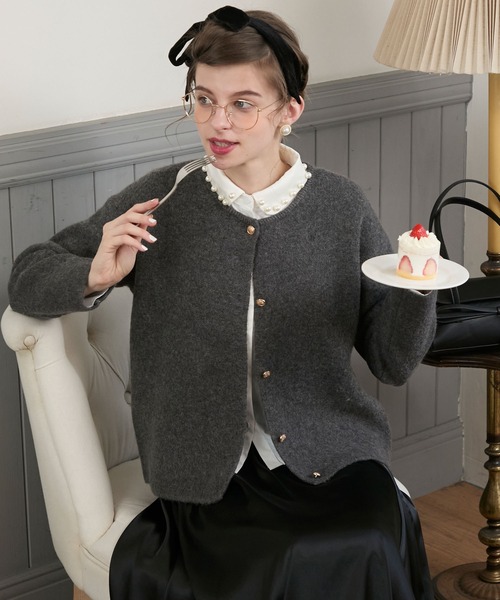 BONLECILL noir】金ボタンクルーネックノーカラーニットジャケット