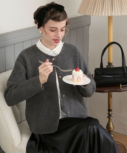 セール】【BONLECILL noir】金ボタンクルーネックノーカラーニット