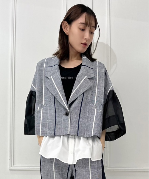 AVIE(アビィ)の「【ZOZO限定カラー】インポートチェックオーガンジースリーブジャケット(テーラードジャケット・レディース・ネイビー・38)」の1枚目の写真