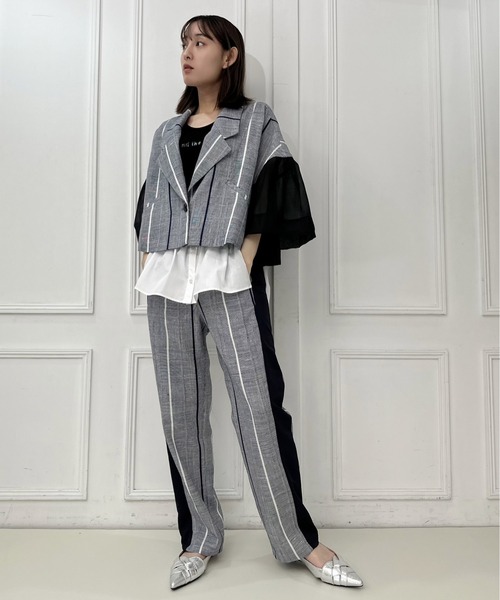 AVIE(アビィ)の「【ZOZO限定カラー】インポートチェックオーガンジースリーブジャケット(テーラードジャケット・レディース・ネイビー・38)」の6枚目の写真