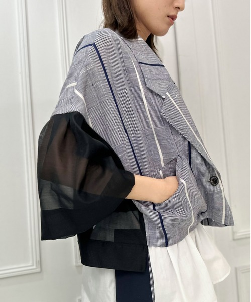 AVIE(アビィ)の「【ZOZO限定カラー】インポートチェックオーガンジースリーブジャケット(テーラードジャケット・レディース・ネイビー・38)」の9枚目の写真