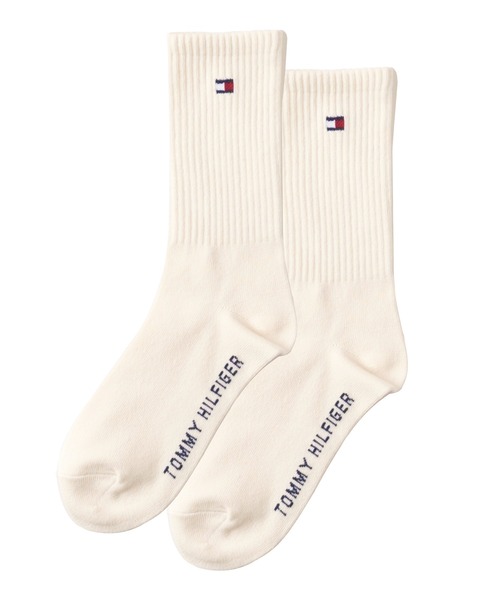 TOMMY HILFIGER（トミーヒルフィガー）の「【EC別注】TOMMY HILFIGER/トミーヒルフィガー ブランド ロゴ 靴下 ミドル丈 クルーソックス 2足セット 23cm 24cm 25cm（ソックス/靴下・レディース・その他1/その他2/その他3/アイボリー/ブラック・23-25cm）」の2枚目の写真