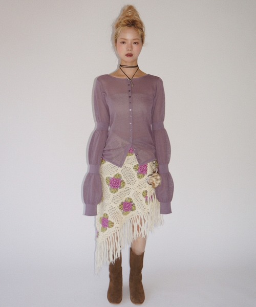 musubore（ムスボレ）の「puff puff sleeve sheer cardigan / パフパフスリーブシアーカーディガン（カーディガン/ボレロ・レディース・ライトグリーン/ピンク/グレー/ブラック/パープル・FREE）」の4枚目の写真