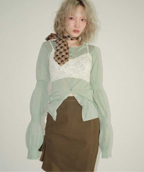 musubore（ムスボレ）の「puff puff sleeve sheer cardigan / パフパフスリーブシアーカーディガン（カーディガン/ボレロ・レディース・ライトグリーン/ピンク/グレー/ブラック/パープル・FREE）」の7枚目の写真