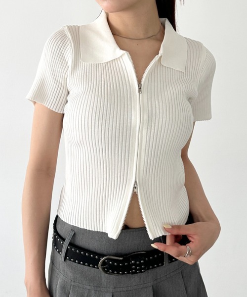 セール】フロントダブルジップリブトップス（Tシャツ/カットソー
